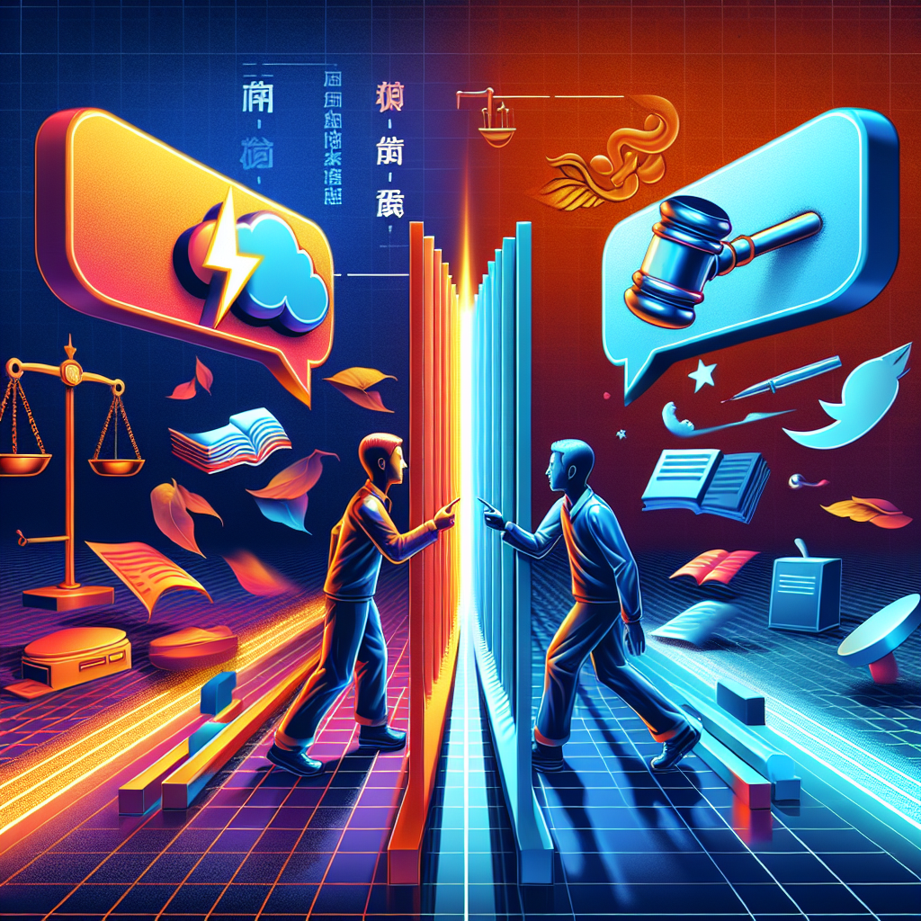 Here's a description for an image based on your requirements:
A stylized illustration showing two Taiwanese figures facing each other across a digital divide. One figure points accusingly at a floating speech bubble containing a lightning bolt, symbolizing harmful online comments. The other figure shields themselves with a gavel-shaped barrier. Bold, contrasting colors and clean lines create a dynamic composition. Symbolic icons of scales, paragraphs, and a judge's bench float in the background, conveying the legal theme. Dramatic lighting emphasizes the tension between the figures.