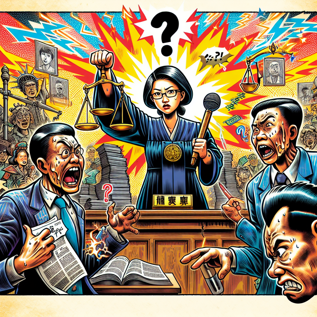 圖片描述:
一個法庭場景,以卡通漫畫風格呈現。中央是一位台灣女法官,手持天平秤。左側站著一位神情緊張的被告,右側是一位自信滿滿的檢察官。法官身後有一個巨大的問號,象徵舉證責任。整個場景色彩鮮艷,人物表情誇張,充滿戲劇性和動感。背景有閃電圖案,增添緊張氛圍。整體設計風格類似蘋果日報和壹週刊的新聞圖像,吸引眼球並富有故事性。
