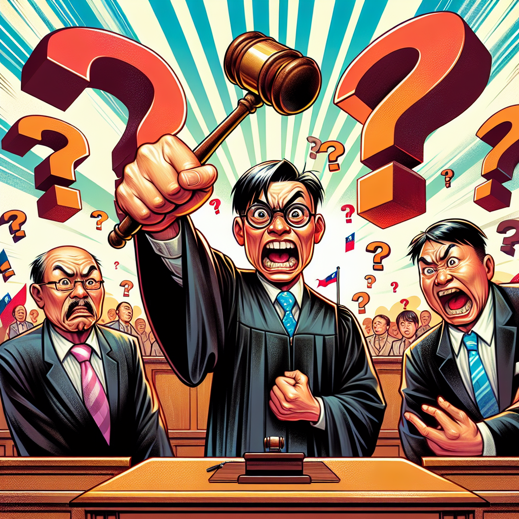 一個充滿活力的卡通風格法庭場景,中央是一位穿黑袍的台灣法官,表情誇張地舉起法槌。法官兩側站著律師和被告,臉上都帶著疑惑表情。背景是巨大的問號符號,象徵常見問題。整個畫面色彩明亮豐富,線條簡潔有力,充滿戲劇性和動感,給人眼球吸引力強烈的視覺衝擊,生動呈現了偵查庭相關的常見問題主題。