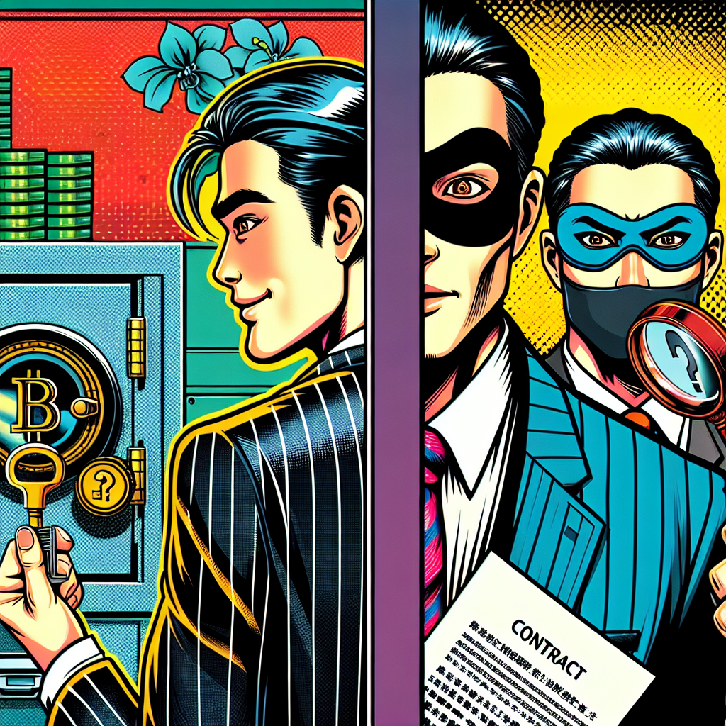 以下是符合您要求的圖片描述:
一幅充滿動感的漫畫風格插圖,分為左右兩半。左側描繪一名西裝筆挺的台灣商人背對著公司保險箱,手中拿著鑰匙,眼神狡黠。右側則是同一人物戴著面具,手持放大鏡審視一份合約。兩邊以一條粗黑線分隔,線上有一個大問號。整體色彩鮮豔明亮,人物表情誇張,線條簡潔有力,充滿戲劇性和故事感,呈現出背信與詐欺的模糊界限。