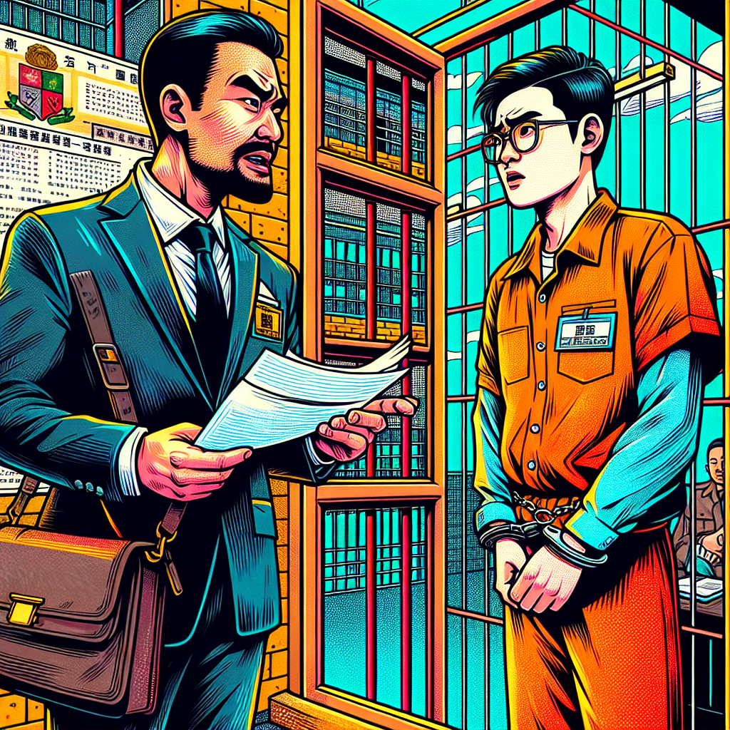 一幅生動的漫畫風格插圖,展現了一位台灣律師和他的當事人在監獄會見室內交談的場景。律師穿著正式西裝,表情嚴肅,手持法律文件。當事人身穿橙色囚服,面露焦慮。兩人隔著玻璃交談,周圍有誇張的法律符號和監獄元素。整體畫面色彩鮮豔,線條簡潔有力,充滿戲劇性和動感,突出了律師接見的重要性。背景有監獄高牆和鐵窗,增添了緊張氛圍。