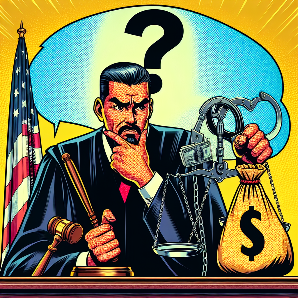 一幅生動的漫畫風格插圖,展現了一名法官在量刑過程中的思考。法官坐在法庭上,一手持槌,另一手拿著天平。天平的一端是代表侵占罪的錢袋,另一端是代表刑責的手銬。法官表情誇張地皺眉思考,頭頂上方有一個大大的問號。背景是明亮的黃色,突出了場景的戲劇性。整體畫面充滿動感,色彩鮮艷,吸引眼球,有強烈的故事性和情感訴求。