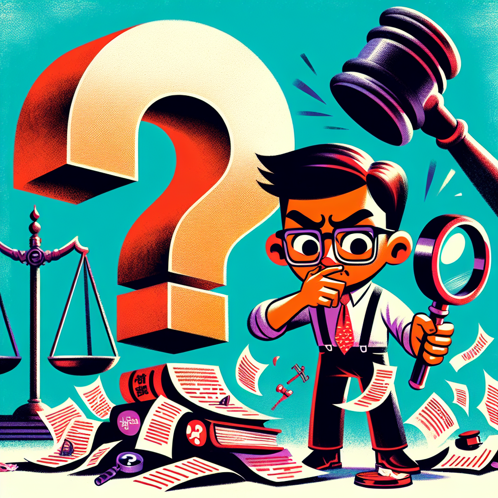圖片描述:
一個台灣男子站在大型問號前,表情困惑。他手持放大鏡,仔細檢視一堆散落的文件和物品。背景有一個法庭錘和天平的剪影。整個場景採用鮮豔的漫畫風格,線條簡潔大膽,充滿動感。男子誇張的表情和動作傳達出對侵占罪相關問題的疑惑。整體畫面生動有趣,能引起觀者興趣,同時傳達出法律主題。