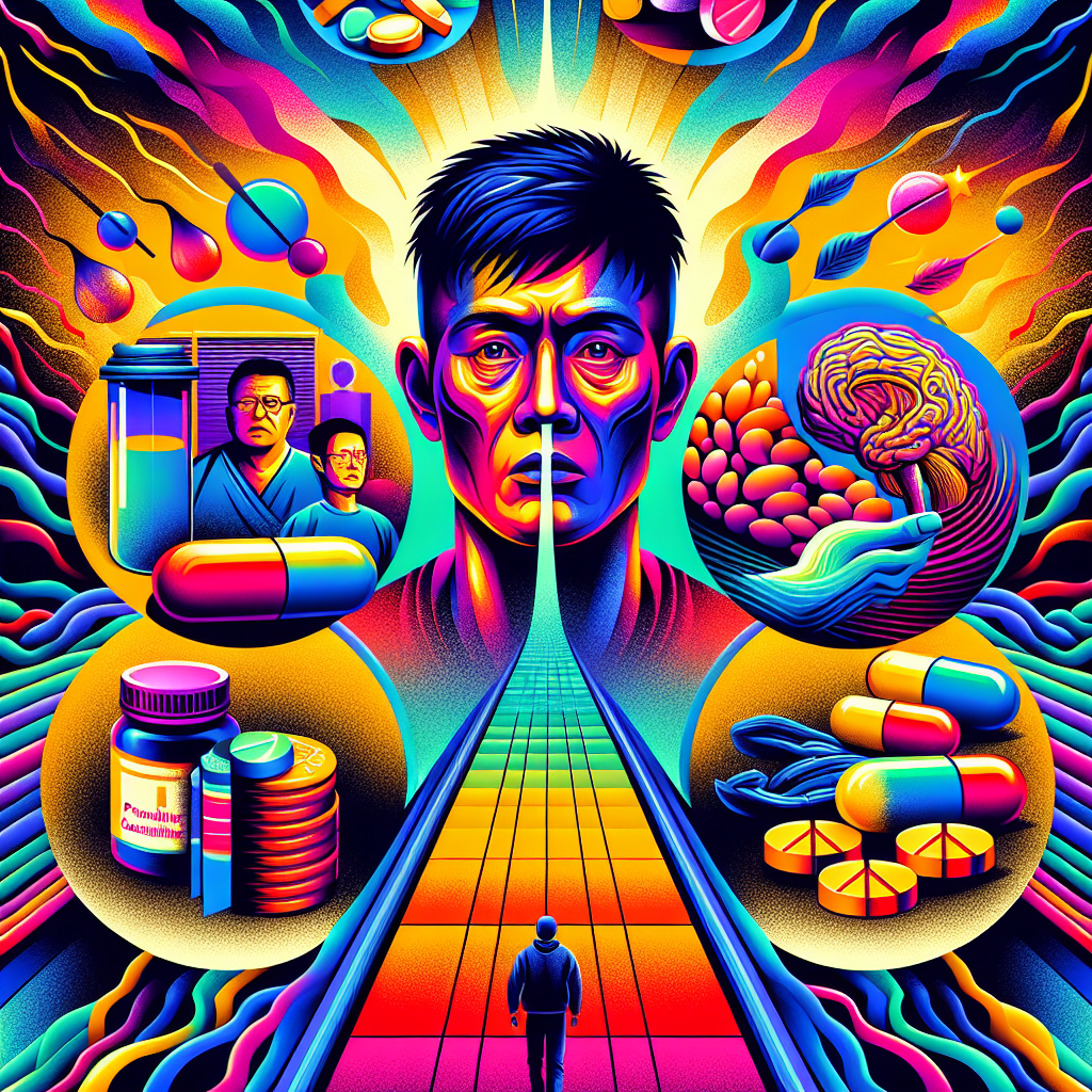 圖片描述:
一幅鮮艷生動的插畫,展示戒癮治療過程。中央是一位台灣男子,表情誇張地掙扎著,象徵戒癮的艱難。他被各種代表治療方法的元素包圍:藥丸、心理諮詢、運動等。背景有一條從黑暗到光明的漸變道路,暗示康復之路。整體畫面動感十足,充滿戲劇性,將複雜的法律概念轉化為易懂的視覺故事。