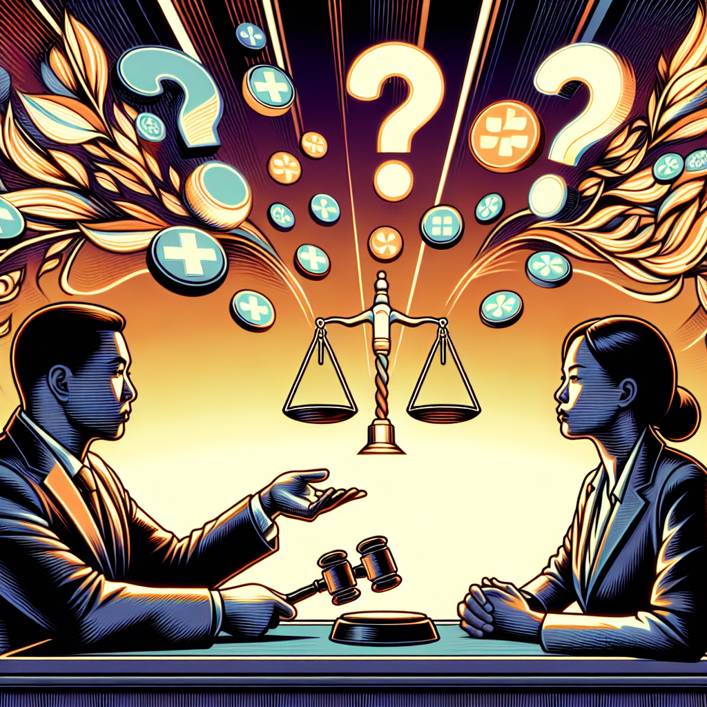 A stylized illustration depicting a legal consultation scene. A Taiwanese lawyer sits at a desk, gesturing towards floating question marks and drug-related icons. Opposite, a client figure leans forward attentively. Bold, contrasting colors and clean lines create a dynamic composition. Symbolic scales of justice and law books add context. Dramatic lighting enhances the professional yet artistic atmosphere.