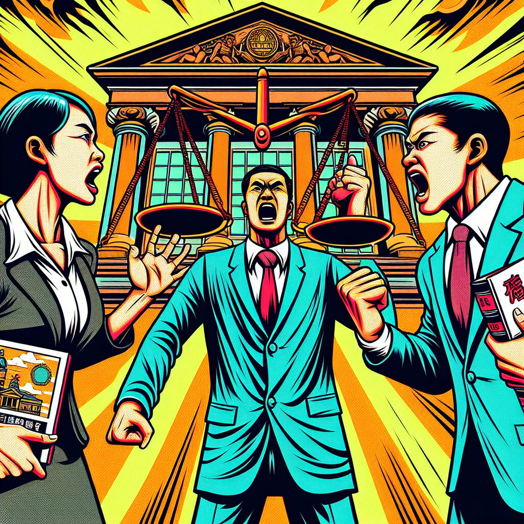 一幅生動的漫畫風格插圖,展示三名律師正在激烈辯論。他們站在一個巨大的天平兩側,天平的一邊放著毒品包裹,另一邊是一本法律書籍。律師們表情誇張,動作誇張地揮舞著手臂。背景是法庭的簡化輪廓。整體畫面色彩鮮艷,線條粗獷簡潔,充滿戲劇性和動感,有強烈的視覺衝擊力和故事性。律師們的外貌特徵呈現典型的台灣人特徵。