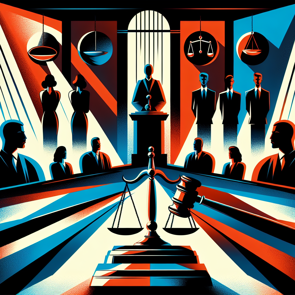 Here's a description for an image that meets your requirements:
A stylized courtroom scene with bold contrasting colors. A judge's gavel and scales of justice dominate the foreground. In the background, silhouettes of lawyers and witnesses stand at podiums. Symbolic icons representing truth and falsehood float above. Dramatic lighting casts long shadows, creating a tense atmosphere. The overall design is modern and visually striking, conveying the serious nature of perjury laws.