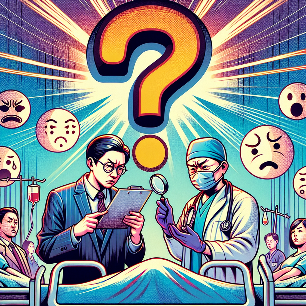 圖片描述:
一個卡通風格的醫院場景,中間是一位穿著西裝的台灣男性律師和一位穿白袍的醫生。律師手持放大鏡,仔細檢視醫生手中的病歷。他們頭頂上方有一個大大的問號圖案。背景有誇張的表情符號和動態線條,表現出緊張和困惑的氛圍。整體色彩明亮鮮艷,線條簡潔有力,充滿戲劇性和動感,吸引眼球並引發情感共鳴。