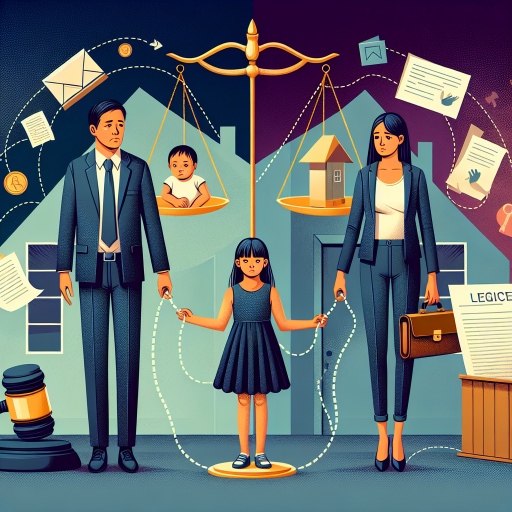 Here's a description for an image to accompany the article section:
A stylized illustration showing two Taiwanese parents standing on opposite sides, with a child in the center. The parents are connected by a dotted line, symbolizing shared custody. Above them, a balanced scale represents justice. Legal documents and a gavel float nearby. The background features a split house icon, representing divided households. Bold colors and clean lines create a modern, professional feel, while dramatic lighting adds depth to the scene.