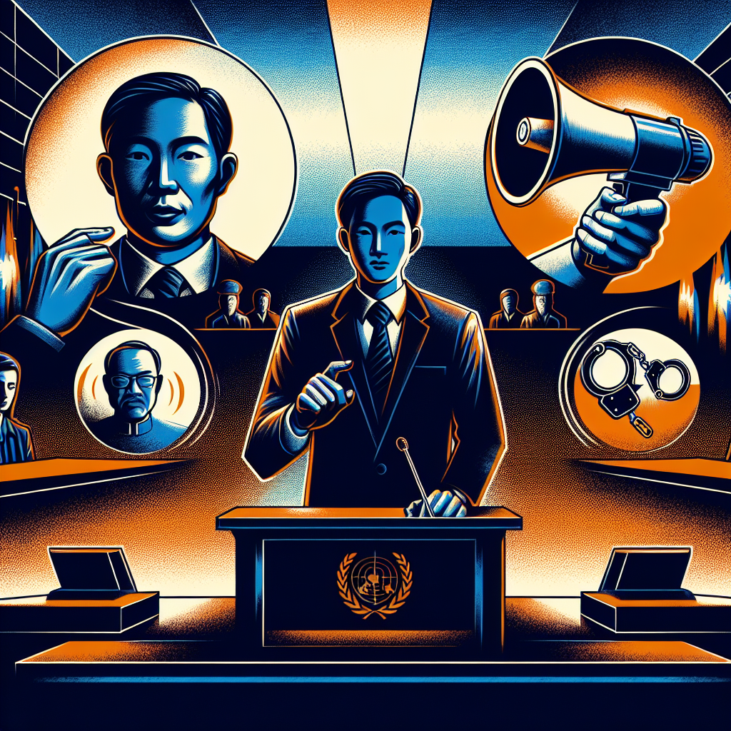 Here's a description for an image based on your requirements:
A stylized illustration depicting a tense courtroom scene. A Taiwanese lawyer stands confidently at the center, gesturing towards two distinct symbolic icons: a megaphone representing threats, and a pair of handcuffs symbolizing coercion. Bold, contrasting colors of deep blue and vibrant orange create a dramatic backdrop. Clean lines and modern artistic elements frame the scene, conveying the legal theme with a dynamic and professional atmosphere.