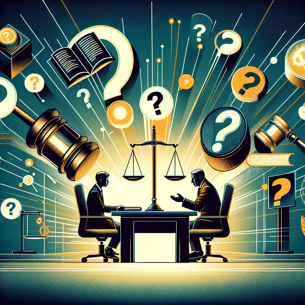 Here's a description for an image based on your requirements:
A stylized modern illustration depicting a legal consultation scene. A Taiwanese lawyer and client sit at a desk, surrounded by floating question mark icons and legal document symbols. Bold contrasting colors and clean lines create a dynamic composition. A large gavel and scales of justice hover dramatically in the background, symbolizing the legal process. The overall feel is professional yet visually engaging, with dramatic lighting highlighting key elements.