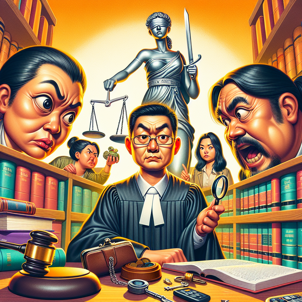圖片描述:
一幅漫畫風格的法庭場景,色彩鮮豔。中央是一位誇張表情的台灣法官,手持放大鏡審視證據。左側是一位神色緊張的被告,右側是正義女神雕像。背景有一個大型天平,一邊放著鑰匙和錢包,另一邊是法律書籍。整體畫面充滿戲劇性和動感,生動呈現了侵占罪的審判過程和關鍵要素。
