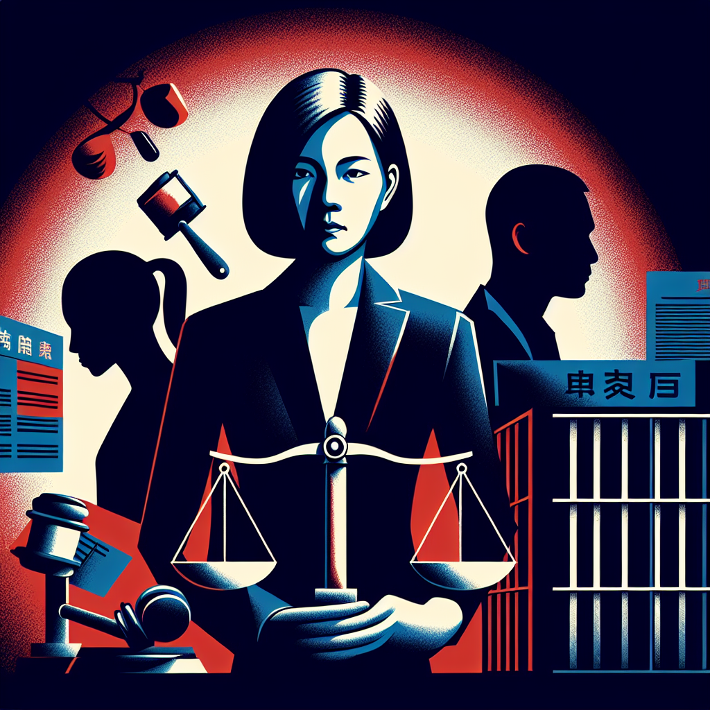 一幅現代風格插畫,展現法律制裁主題。中央是一位台灣女法官手持天平,象徵公正。左側是一個受害者剪影,右側是被告剪影。背景有監獄欄杆和法律條文圖標。使用深藍和紅色等對比色調,線條簡潔有力。整體構圖動感十足,燈光富有戲劇性,傳達出嚴肅的法律氛圍。