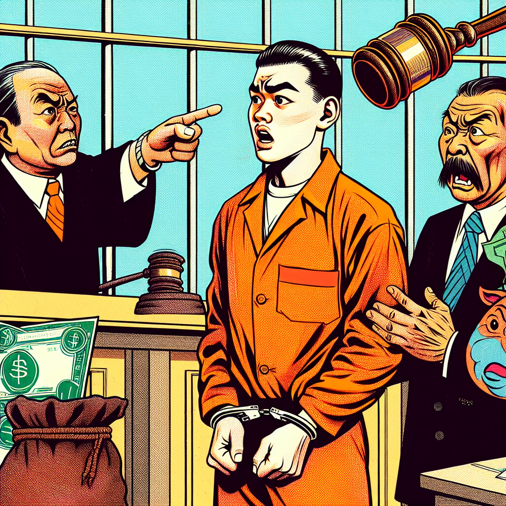 一幅生動的法庭插圖,展現侵占罪審判的關鍵場景。中央是一位表情誇張的台灣被告,身穿橙色囚服,雙手被銬。左側是嚴肅的法官,手持法槌。右側是憤怒的受害者,指著被告。背景有一個大型天平,一邊是代表罪行的錢袋,另一邊是代表刑罰的監獄欄杆。整體畫面色彩鮮明,線條簡潔有力,充滿戲劇性和動感,有如蘋果日報的新聞圖像風格。