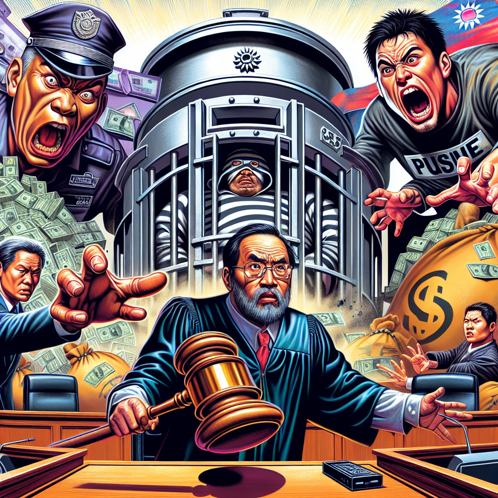 圖片描述:
一幅富有戲劇性的插畫,展現法庭審判場景。中央是一位表情誇張的台灣法官,手持巨大木槌。左側是一名神色慌張的被告,身後有一個巨大的保險箱。右側是憤怒的受害者,指著被告。背景是一個大型天平,一邊放著監獄圖標,另一邊是金錢符號。整體畫面色彩鮮艷,線條簡潔有力,充滿動感,呈現出侵占罪審判的關鍵元素和情感張力。