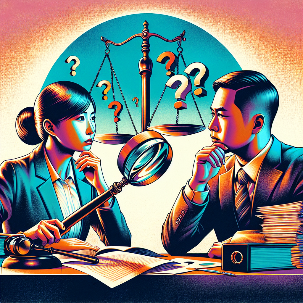 Here's a description for an image based on your requirements:
A stylized modern art illustration depicting a legal consultation scene. A Taiwanese lawyer and client sit across a desk, with dramatic lighting highlighting their serious expressions. Symbolic icons float above - scales of justice, question marks, and evidence folders. Bold contrasting colors and clean lines create a dynamic, professional atmosphere. A magnifying glass hovers over documents, emphasizing the search for truth in complex cases.