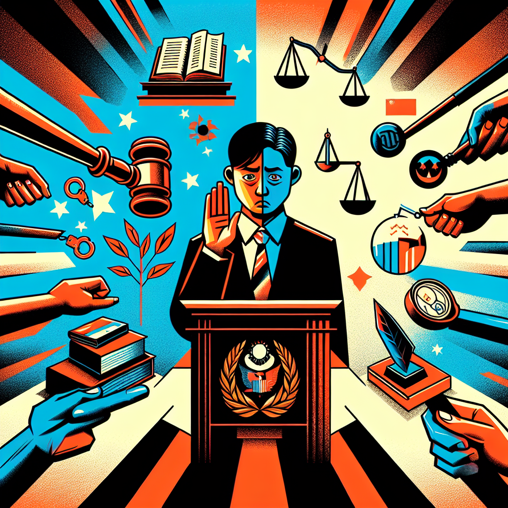 Here's a description for an image based on your requirements:
A stylized illustration shows a courtroom scene with bold, contrasting colors. A witness stand is prominently featured, with a nervous-looking Taiwanese person taking an oath. Looming over them is an oversized gavel and scales of justice. Sharp, clean lines divide the image into sections representing truth and falsehood. Symbolic icons of law books, handcuffs, and a lie detector float in the background, creating a dynamic and visually engaging composition that highlights the consequences of perjury.