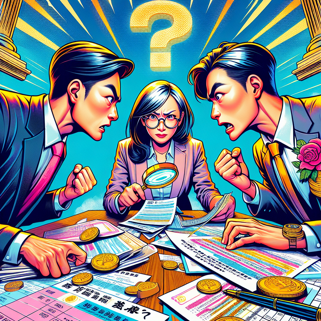 一幅生動的插圖,展示一對台灣夫妻面對面坐在桌前,中間是一位離婚律師。律師手持放大鏡,仔細審視桌上散落的文件和財產清單。丈夫和妻子表情誇張,一人拉扯一疊文件。背景有一個大問號和閃亮的金幣符號。整體風格類似蘋果日報的新聞圖像,色彩鮮艷,線條簡潔有力,充滿戲劇性和動感,吸引眼球並富有故事性。