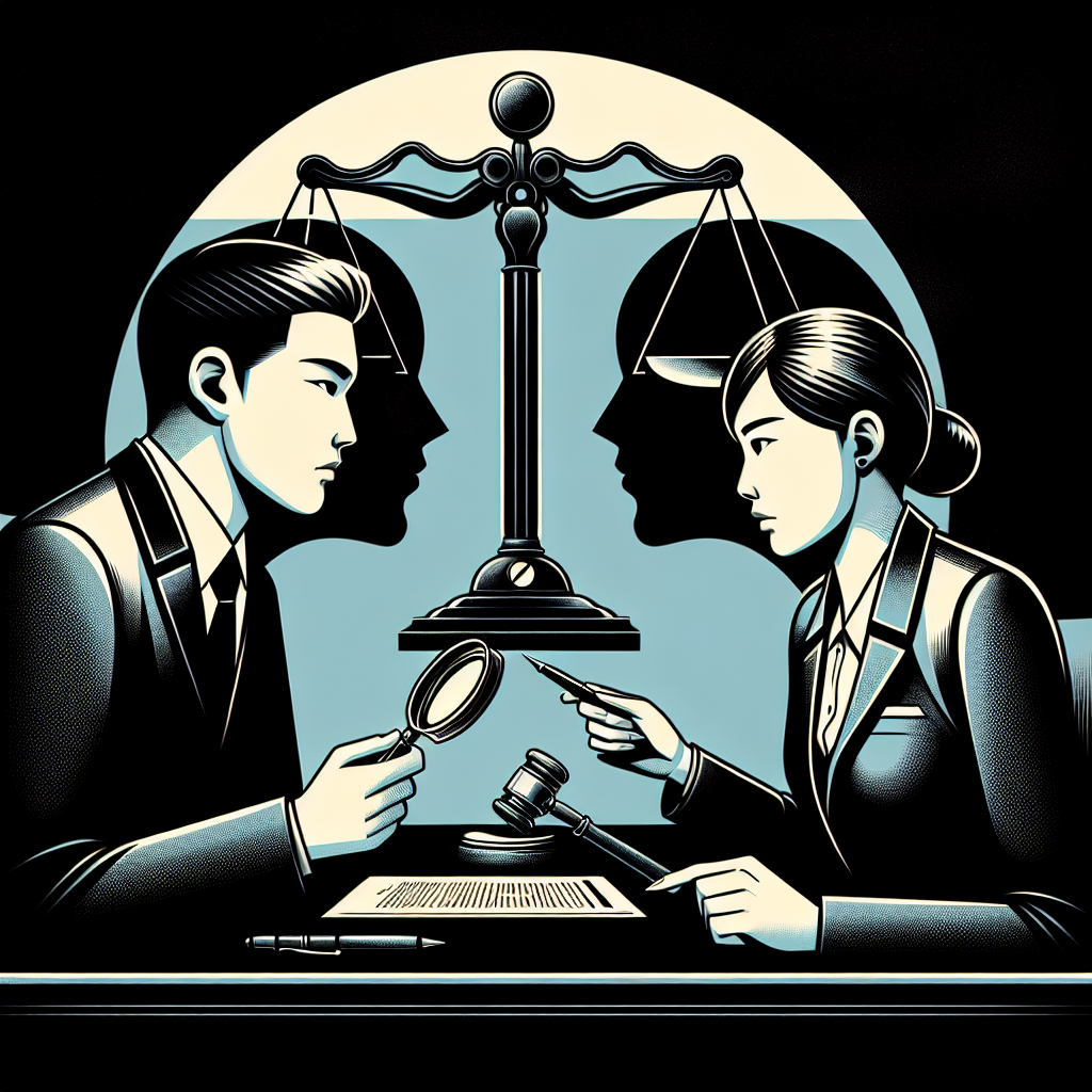 Here's a description for an image that meets your requirements:

A stylized illustration showing two Taiwanese professionals in business attire, facing each other across a desk. One figure holds a magnifying glass, symbolizing investigation, while the other points to a document. Above them, floating icons represent justice scales, a gavel, and a speech bubble. Bold, contrasting colors and clean lines create a dynamic, modern art feel. Dramatic lighting casts shadows, adding depth and intrigue to the legal consultation scene.