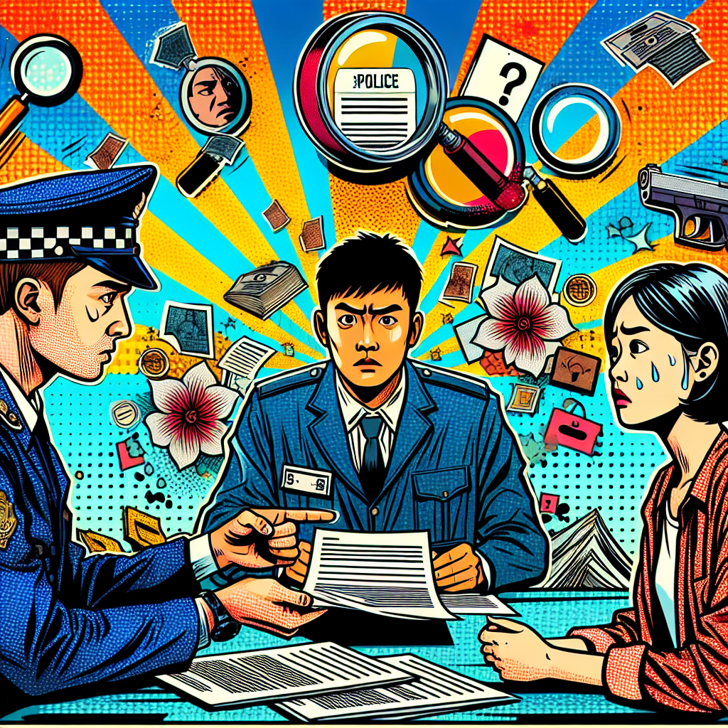 圖片描述:
一幅生動的漫畫風格插圖,展現陪同偵查的場景。中央是一名表情嚴肅的警察,正在進行搜查。旁邊站著一名看起來緊張但堅定的台灣女性,她是被害人的陪同人。背景有放大的放大鏡和文件符號,象徵調查過程。整體畫面色彩鮮明,線條簡潔有力,充滿動感,突出了陪同偵查的重要性和戲劇性。