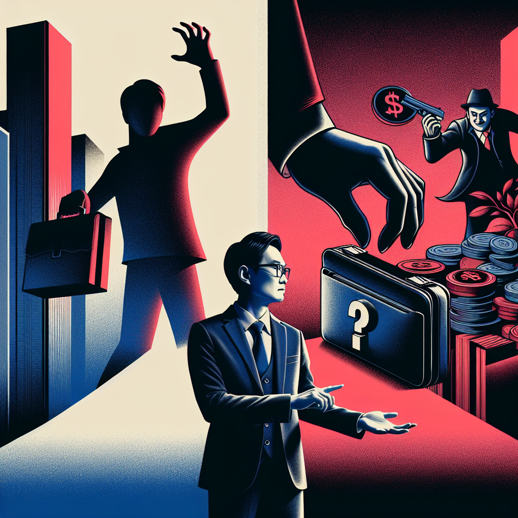 Here's a description for an image based on your requirements:
A stylized illustration shows two contrasting scenes side-by-side. On the left, a shadowy figure reaches for a briefcase, symbolizing embezzlement. On the right, a hand snatches a wallet, representing theft. A large question mark hovers above, connecting the scenes. In the foreground, a Taiwanese lawyer in professional attire gestures towards the scenes, as if explaining. Bold red and blue colors dominate, with clean lines and dramatic lighting enhancing the modern art style.