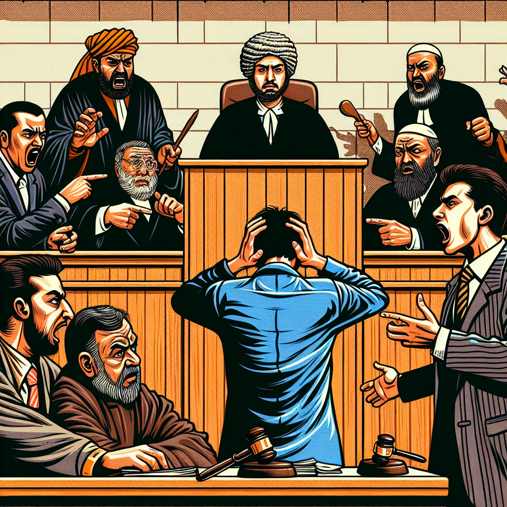 一幅戲劇性的插圖,展現了一個法庭場景。中央是一位表情誇張的被告,站在被告席上,雙手抱頭一臉懊悔。法官坐在高處,手持木槌,表情嚴肅。旁邊是一位憤怒的原告,指著被告大聲抗議。法庭內還有律師和旁聽者,臉上都帶著誇張的表情。整個場景色彩鮮艷,線條簡潔有力,充滿動感,傳達出公然侮辱案件審理的戲劇性氛圍。