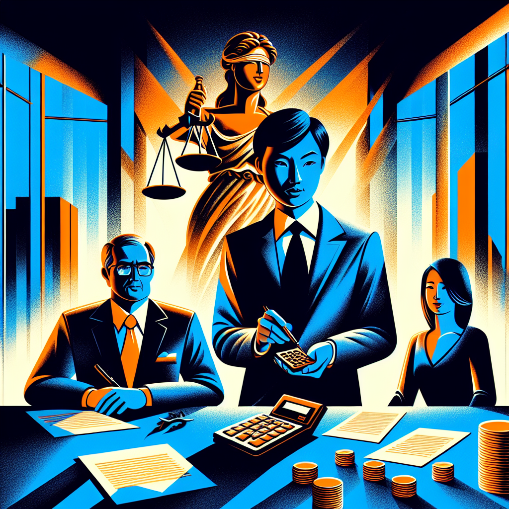 一幅現代風格的插畫,展示一位台灣律師和一對夫妻在會議桌旁。律師手持計算器,桌上散落著文件和錢幣。背景有一個大型天平,象徵公平。畫面使用鮮明對比的藍色和橙色,線條簡潔有力。整體構圖動感十足,燈光富有戲劇性,突出法律諮詢的專業氛圍。