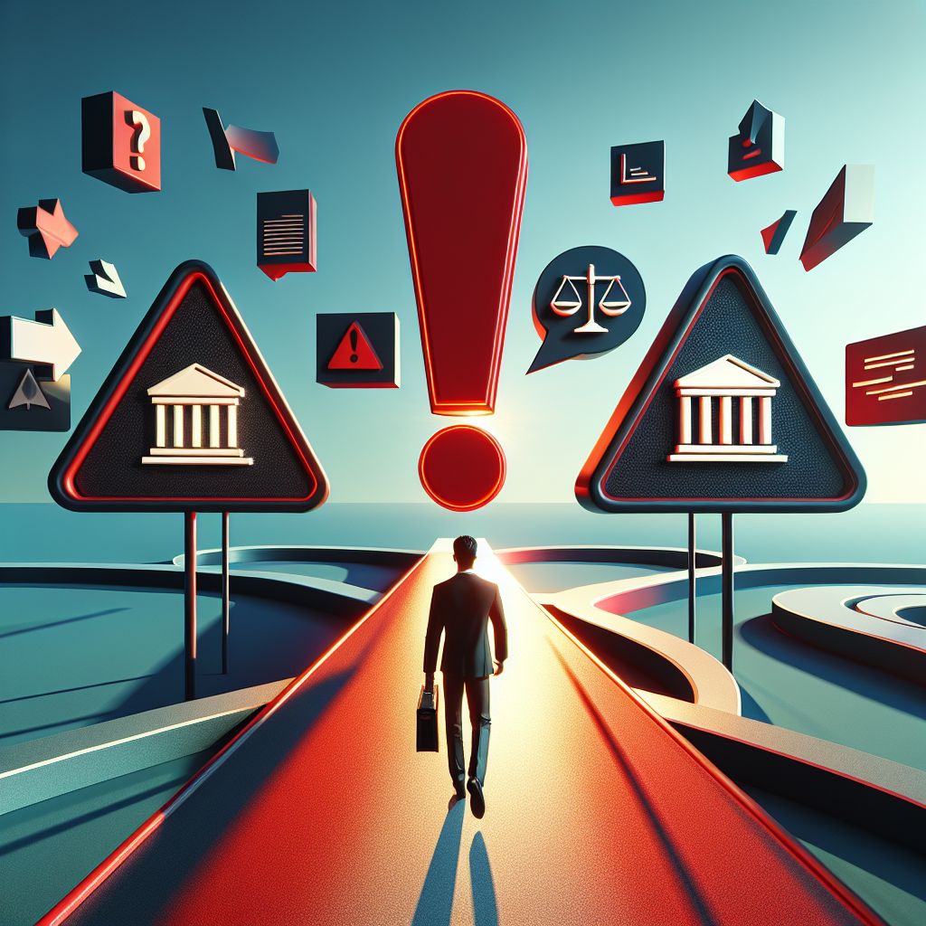 Here's a description for an image that fits your requirements:
A stylized illustration shows a Taiwanese businessperson standing at a crossroads. One path leads to a giant red exclamation mark, symbolizing the warning account. The other path leads to a courthouse icon. Bold, contrasting colors and clean lines create a dynamic scene. Dramatic lighting casts long shadows, adding tension. Floating legal symbols and document icons surround the figure, conveying the legal consultation theme in a modern, visually engaging style.