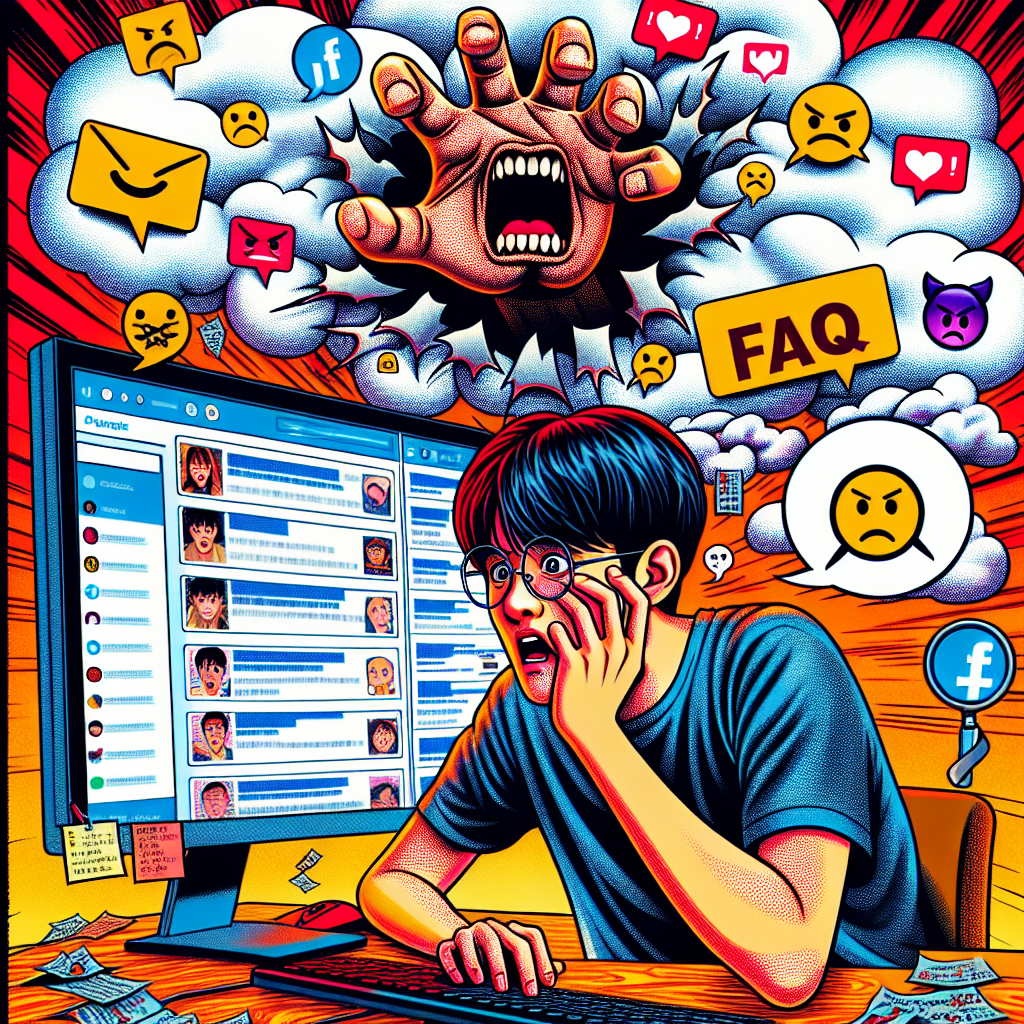 圖片描述:
一個台灣年輕人正坐在電腦前,表情驚恐。螢幕上顯示多個社交媒體視窗,充滿威脅性訊息和表情符號。背景有一隻巨大的手從雲端伸出,象徵網路恐嚇。整體畫面採用明亮鮮豔的漫畫風格,線條簡潔大膽。人物表情誇張,動作誇張生動,營造出戲劇性和緊張感。畫面右下角有一個放大鏡,聚焦在"FAQ"字樣上,暗示這是關於常見問題的說明。