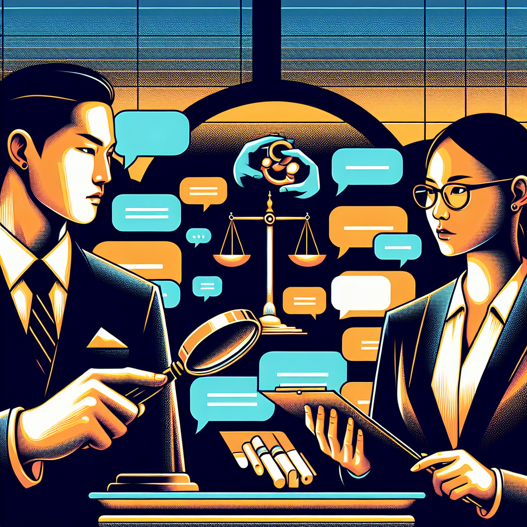 Here's a description for an image to accompany the FAQ section on defamation:
A stylized illustration shows two Taiwanese professionals in business attire, facing each other across a desk. One holds a magnifying glass, examining floating speech bubbles and document icons. Bold, contrasting colors highlight a scales of justice symbol in the background. Clean lines and dramatic lighting create a dynamic, modern art style, conveying a legal consultation theme with visual flair and professionalism.