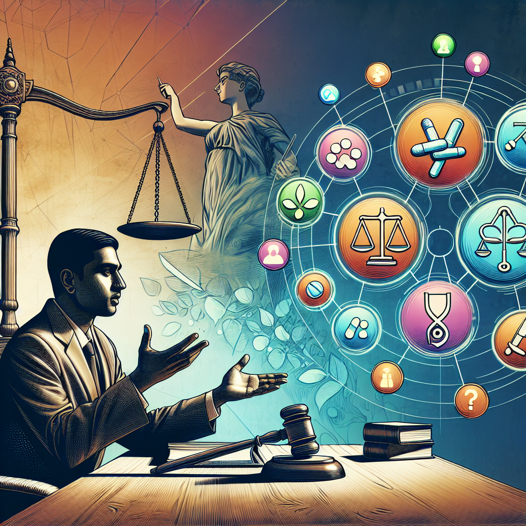 A stylized modern illustration depicting a legal consultation scene. A Taiwanese lawyer sits at a desk, gesturing towards floating icons representing drug-related laws and questions. Bold, contrasting colors and clean lines create a dynamic composition. Symbolic scales of justice and a gavel hover in the background. The overall feel is professional yet visually engaging, with dramatic lighting highlighting key elements.