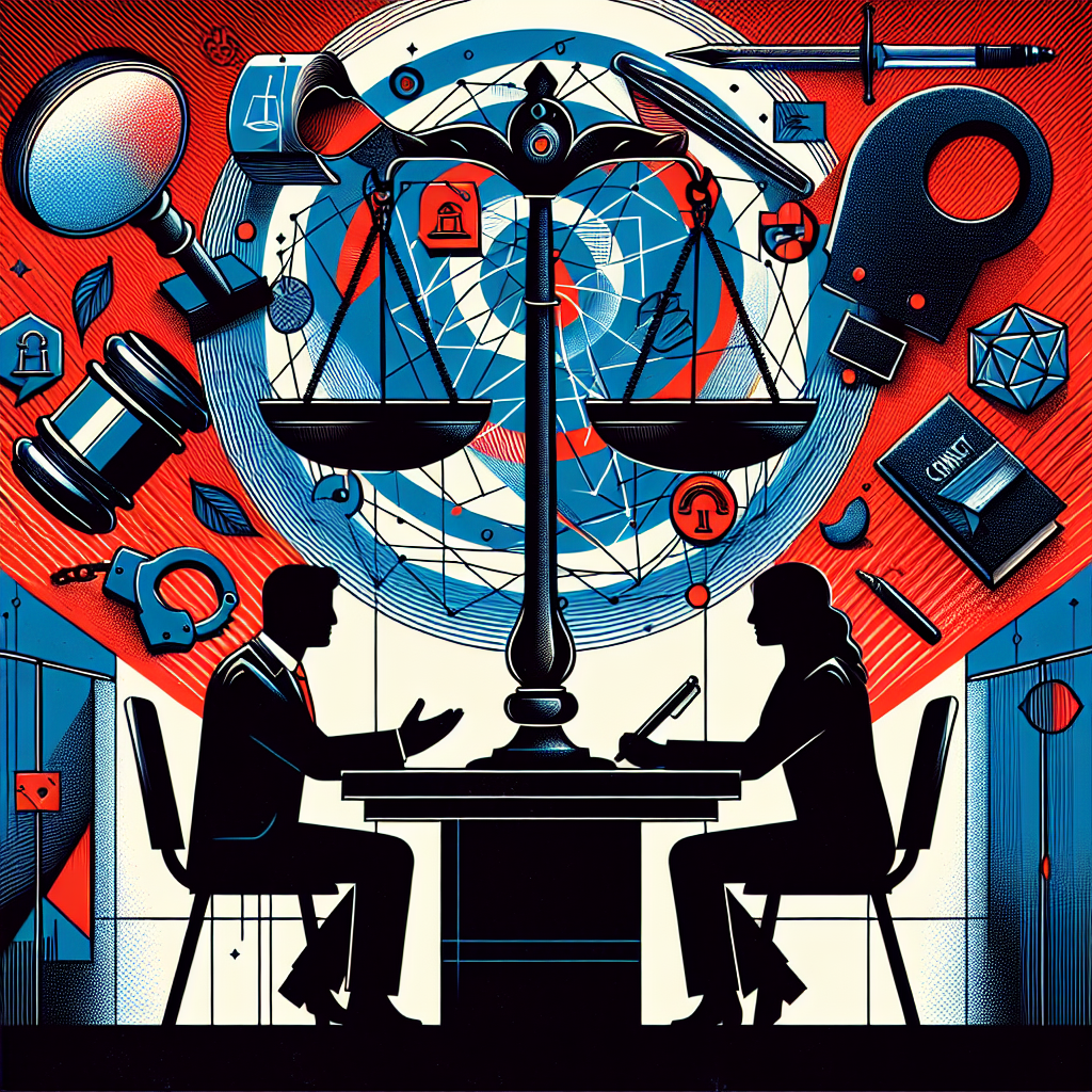 Here's a description for an image to accompany the article section:
A stylized illustration shows two silhouettes facing each other across a table, symbolizing legal consultation. A large scale of justice hovers above, with one side weighted down by a gavel. Bold red and blue lines intersect, creating a dynamic background. Iconic symbols of consent forms and handcuffs float around the scene. The overall style is modern and visually striking, with clean lines and contrasting colors conveying the complexity of consent and criminal law issues.