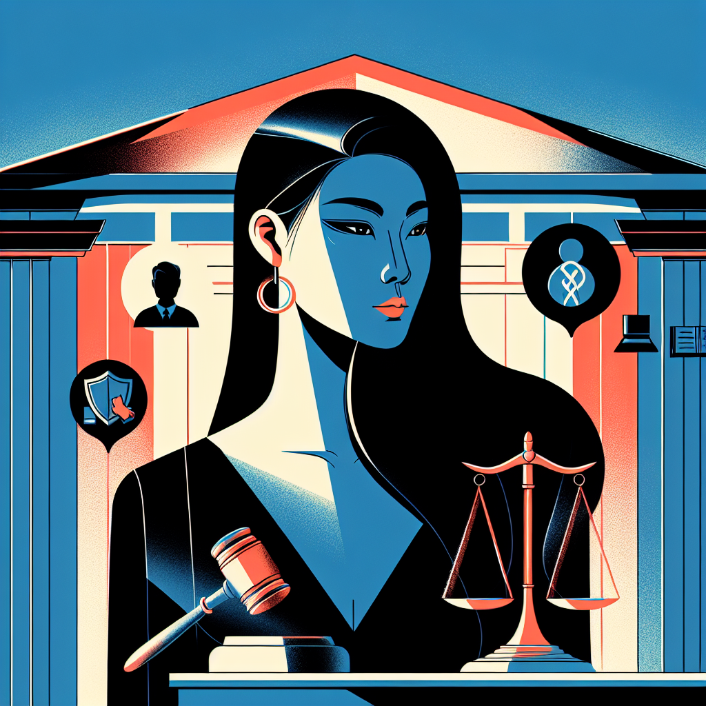 Here's a description for an image based on your requirements:
A stylized illustration shows a Taiwanese woman standing confidently, surrounded by legal symbols like scales of justice and gavel. Bold, contrasting colors highlight key elements. Clean lines form a courthouse backdrop. Icons representing victim support and legal protection float around her. Dramatic lighting casts empowering shadows, creating a visually engaging and professional scene that symbolizes justice and empowerment for sexual assault survivors.
