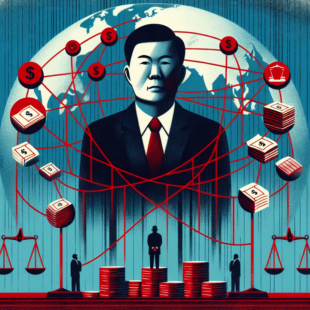Here's a description for the image based on your requirements:
A stylized illustration depicting a Taiwanese businessman in a suit, surrounded by symbolic elements of money laundering and fraud. Stacks of cash, a globe, and interconnected nodes represent the international nature of the crime. Bold red lines connect these elements, forming a web-like structure. In the background, silhouettes of legal scales and gavel symbols contrast with vibrant blue tones, emphasizing the legal aspects of the case study.