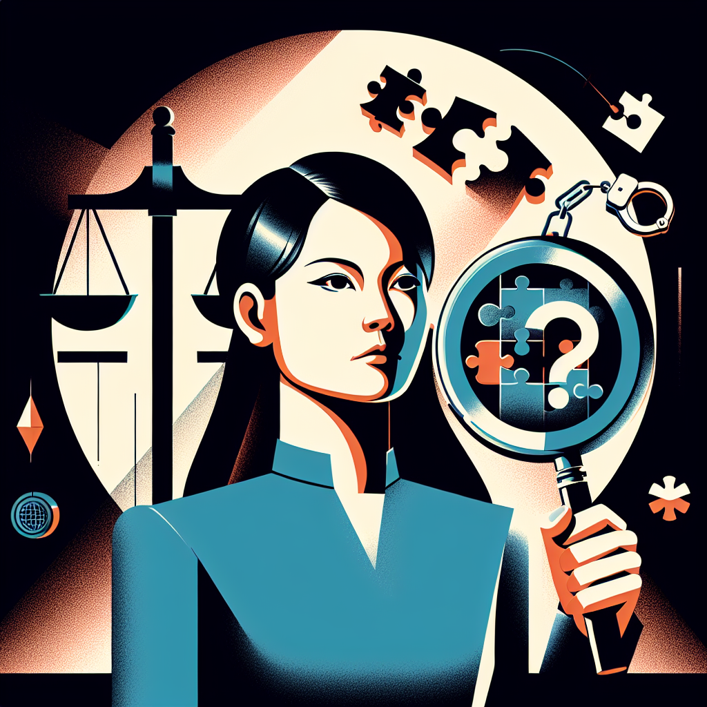 Here's a suitable image description based on your requirements:
A stylized modern illustration depicting a Taiwanese legal professional standing before a large magnifying glass. The magnifying glass reveals intricate puzzle pieces representing the elements of fraud assistance. Bold contrasting colors and clean lines emphasize key legal concepts. Symbolic icons of scales, handcuffs, and documents float around the scene. Dramatic lighting casts shadows, creating a dynamic and visually engaging composition that conveys the complexity of legal consultation and analysis.