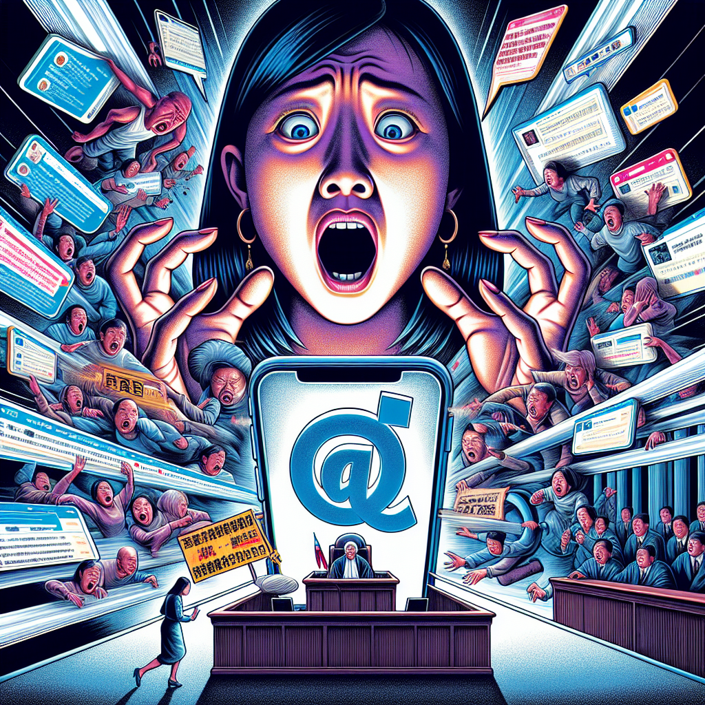 這是一幅富有戲劇性的新聞圖像風格插畫。畫面中央是一名表情驚恐的台灣女性,正在看著手機。她周圍環繞著放大的恐嚇簡訊和社交媒體貼文,充滿威脅性的文字。背景是一個巨大的網路符號,象徵網路空間。右下角是一個小型法庭場景,有法官和警察形象。整體色彩鮮豔醒目,線條簡潔有力,充滿動感,有強烈的視覺衝擊力和故事性。