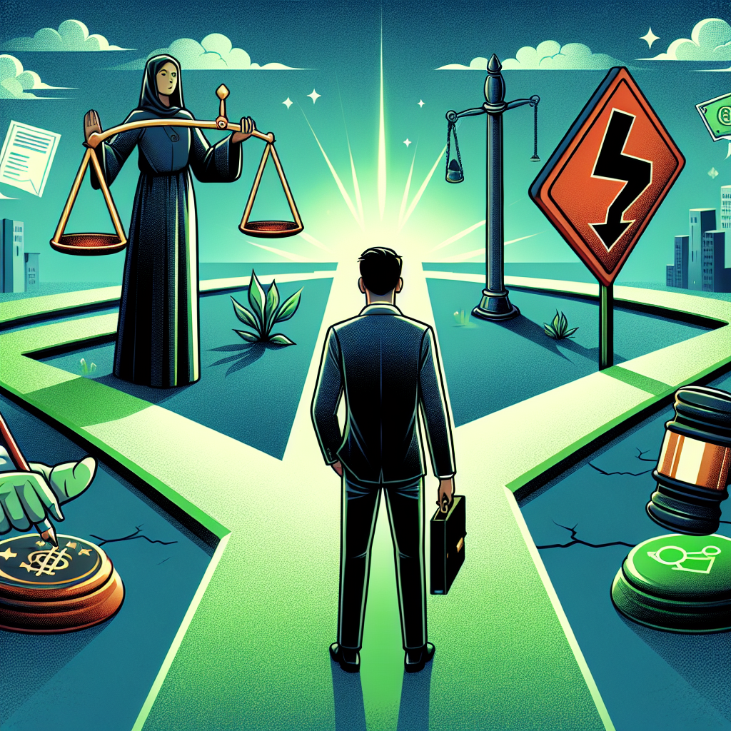 Here's a description for an image based on your requirements:
A stylized illustration shows a Taiwanese businessman at a crossroads. On one path, legal icons like scales and a gavel glow in green. The other path leads to red warning signs. A lawyer figure gestures toward the green path. Bold lines and contrasting colors create a dynamic, modern art style. Symbolic elements like contracts and handshakes float around, representing trust and professional conduct.