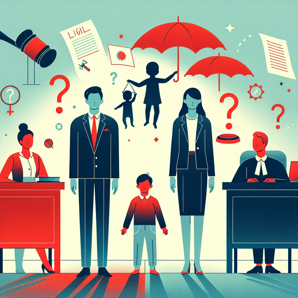 描述:
A stylized illustration showing two Taiwanese parents facing away from each other, with a child in the center. Bold, contrasting colors separate the parents. Above, floating question marks and legal icons symbolize common custody issues. A judge's gavel hovers prominently. Clean lines and dramatic lighting create a dynamic, professional feel. The overall design conveys the complexity of child custody in single-parent families.