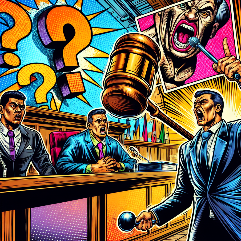 圖片描述:
一幅生動的漫畫風格插圖,展現了一個法庭場景。中央是一位表情誇張的法官,手持巨大的木槌。法官左側站著一位神色緊張的被告,右側是一位正在激烈陳述的檢察官。背景牆上懸掛著一個巨大的問號,象徵常見問題。整個場景色彩鮮艷,線條簡潔有力,充滿動感。法官、被告和檢察官都是台灣人的面孔特徵。畫面生動地呈現了與侵占罪、刑責和量刑相關的法律概念,整體效果引人注目且富有戲劇性。