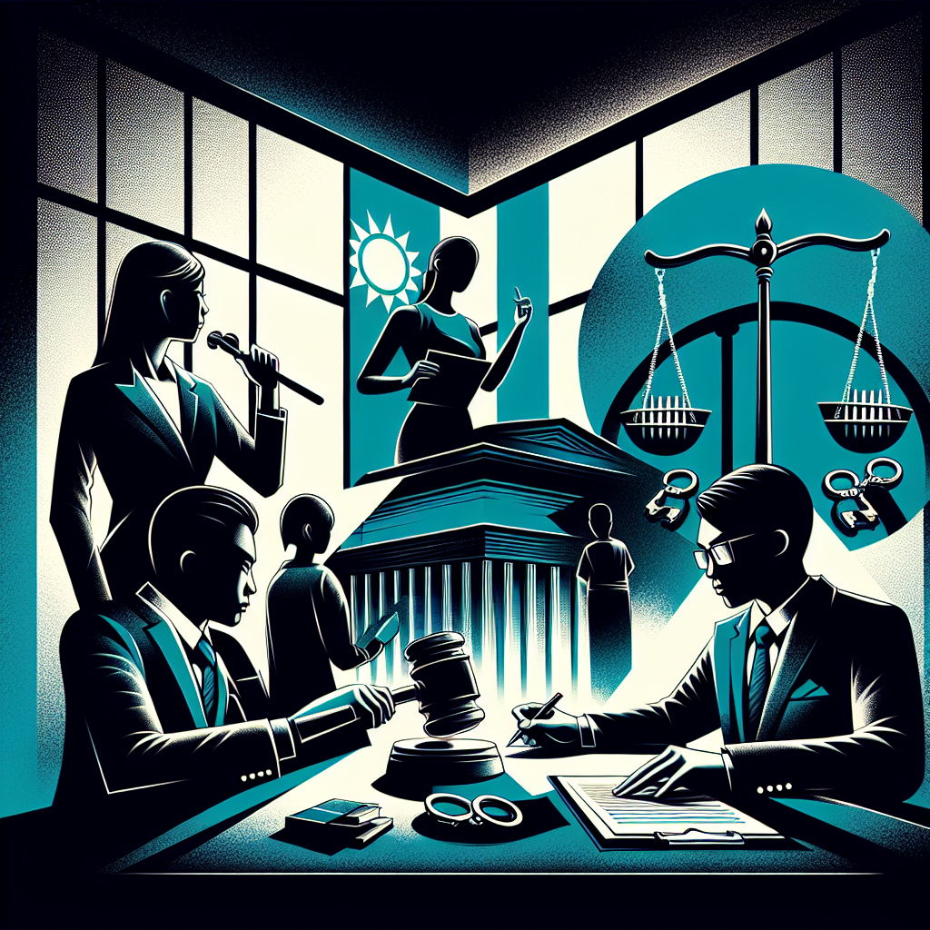Here's a description for an image that meets your requirements:
A stylized illustration depicting a courtroom scene with bold, contrasting colors. A judge's gavel and scales of justice symbolize legal proceedings. Silhouettes of a young person and an adult figure represent the case subjects. Taiwanese legal professionals in suits consult documents. Icons of handcuffs and a prison cell float above, suggesting criminal penalties. The composition uses clean lines and dramatic lighting to create a visually engaging, professional atmosphere.