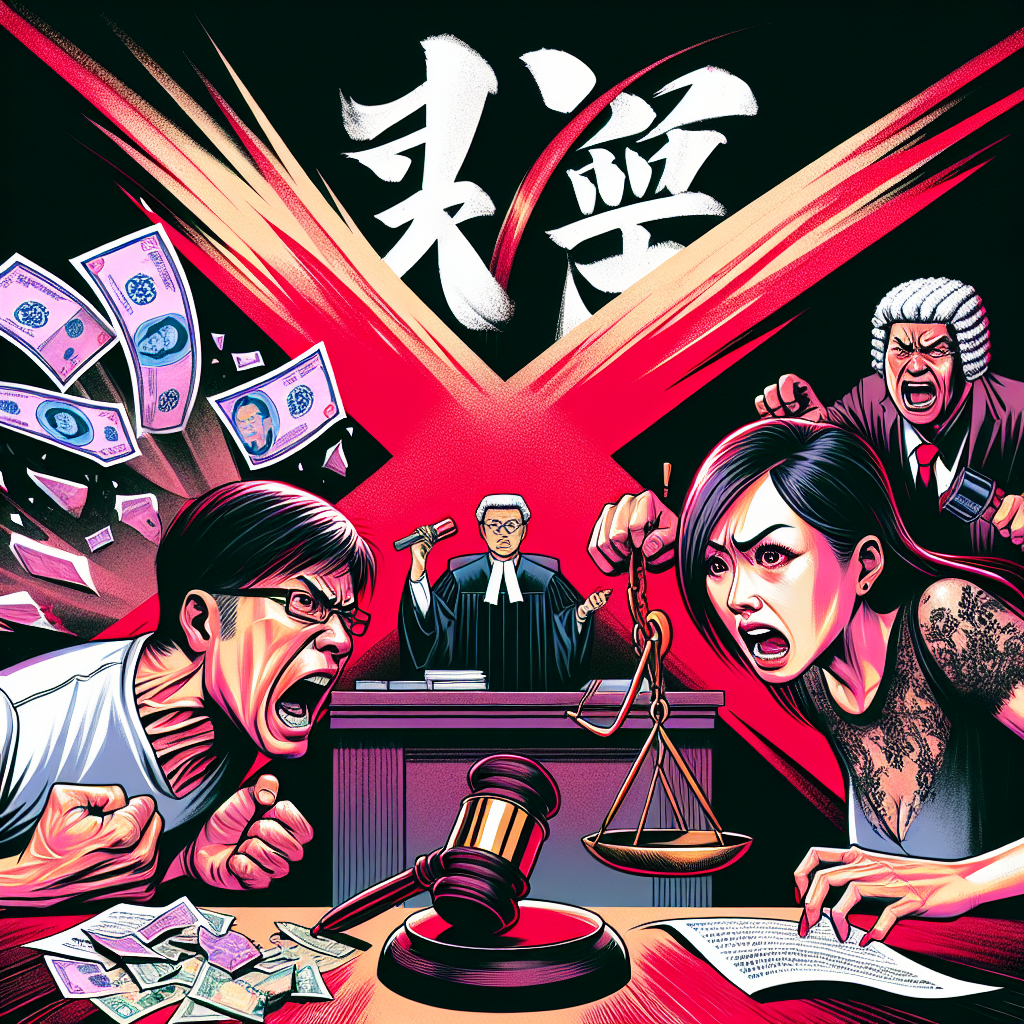 圖片描述:
一幅充滿戲劇性的插圖,採用蘋果日報風格。畫面中央是一對台灣夫妻,男方表情誇張地對女方大喊,女方則憤怒地推開他。男方身後有一個巨大的紅色"X"符號,象徵侵害配偶權。右側是一位法官,手持天平和槌子。左側是一張破碎的結婚證書和一堆鈔票,代表離婚和賠償。整體畫面色彩鮮艷,線條簡潔有力,充滿動感,生動呈現了侵害配偶權導致離婚和賠償的新聞故事。