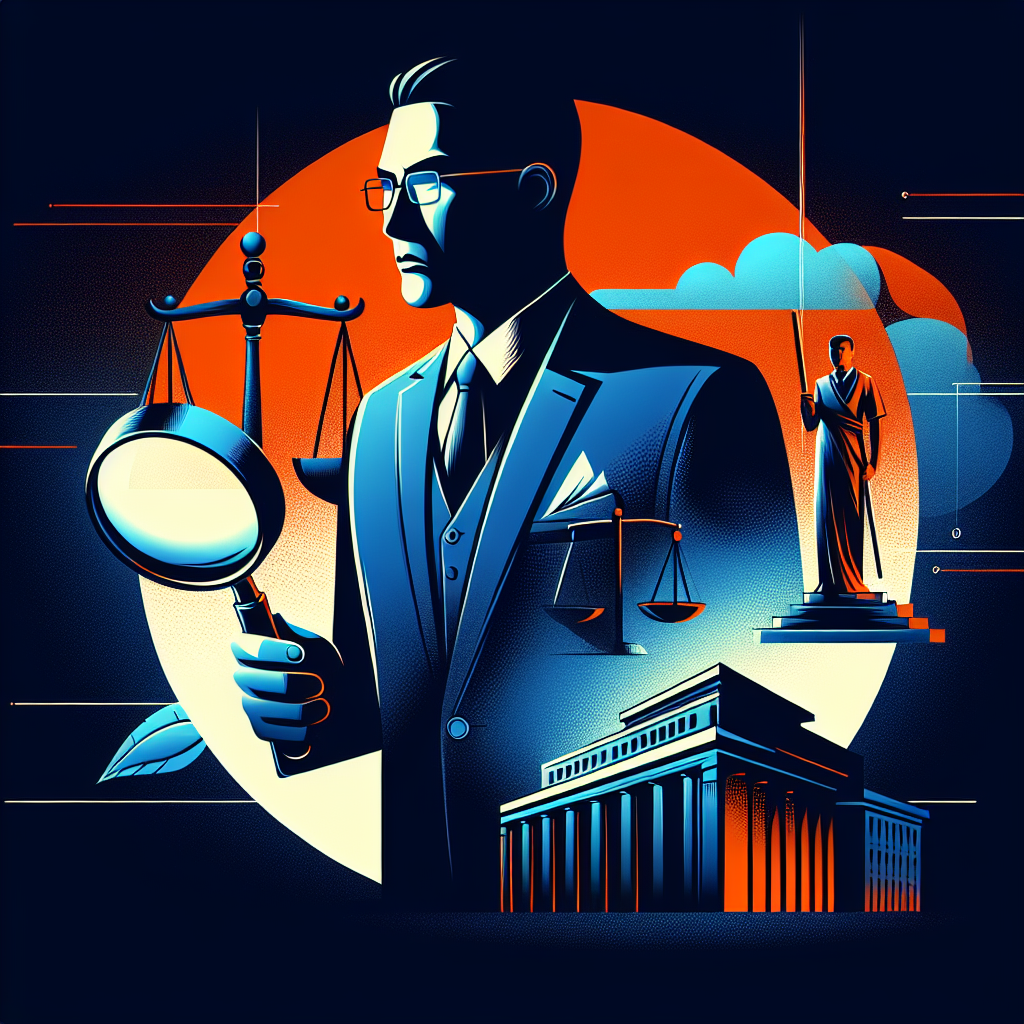 一幅現代風格插畫,展現法律諮詢場景。一位西裝筆挺的台灣律師站在前景,背後是法院建築剪影。律師手持放大鏡,象徵審視案情。旁邊漂浮著代表言論自由的話筒圖標和代表法律的天平圖標。整體採用深藍和橙色等對比鮮明的色調,線條簡潔有力。戲劇性光影效果凸顯專業嚴肅的氛圍,同時保持視覺吸引力。