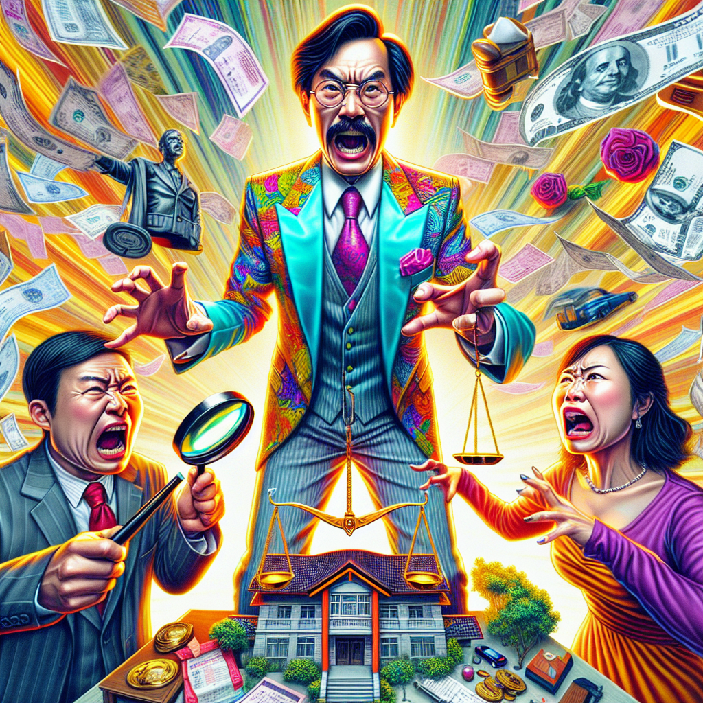 圖片描述:
一名表情誇張的離婚律師站在中央,身穿鮮艷的西裝。他左手拿著放大鏡,右手拿著天平。律師兩側是一對台灣夫妻,表情誇張地互相拉扯一棟房子模型。背景是飛舞的鈔票和各種財產象徵物,如車子、珠寶等。整體畫面充滿動感,色彩明亮,線條簡潔有力,呈現出戲劇性的財產分配場景。