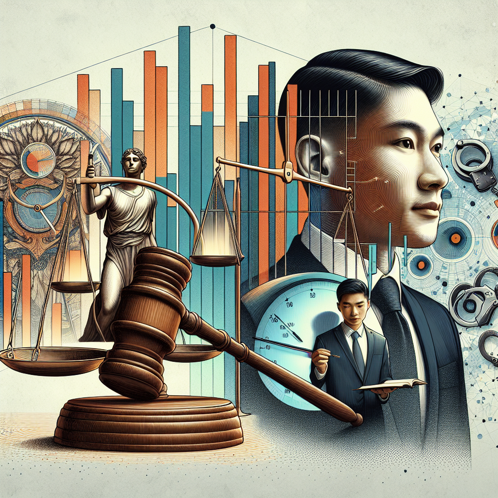 Here's a description for an image based on your requirements:
A stylized illustration shows a judge's gavel balanced on a scale, symbolizing justice. Beside it, a clock face morphs into a prison cell, representing time served. A professional Taiwanese lawyer consults with a client, gesturing to a chart with ascending bars, depicting sentence calculation. Bold, contrasting colors and clean lines create a dynamic, modern art style. Symbolic icons of law books and handcuffs float in the background, adding depth to the legal theme.
