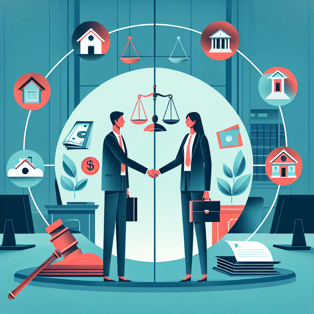 Here's a description for the image:
A stylized illustration shows two Taiwanese professionals shaking hands over a divided circle representing shared assets. Bold, contrasting colors and clean lines depict a legal office setting. Symbolic icons of houses, cars, and money float above. A gavel and scales of justice balance the composition, creating a dynamic and visually engaging scene that conveys successful property division negotiation in divorce.