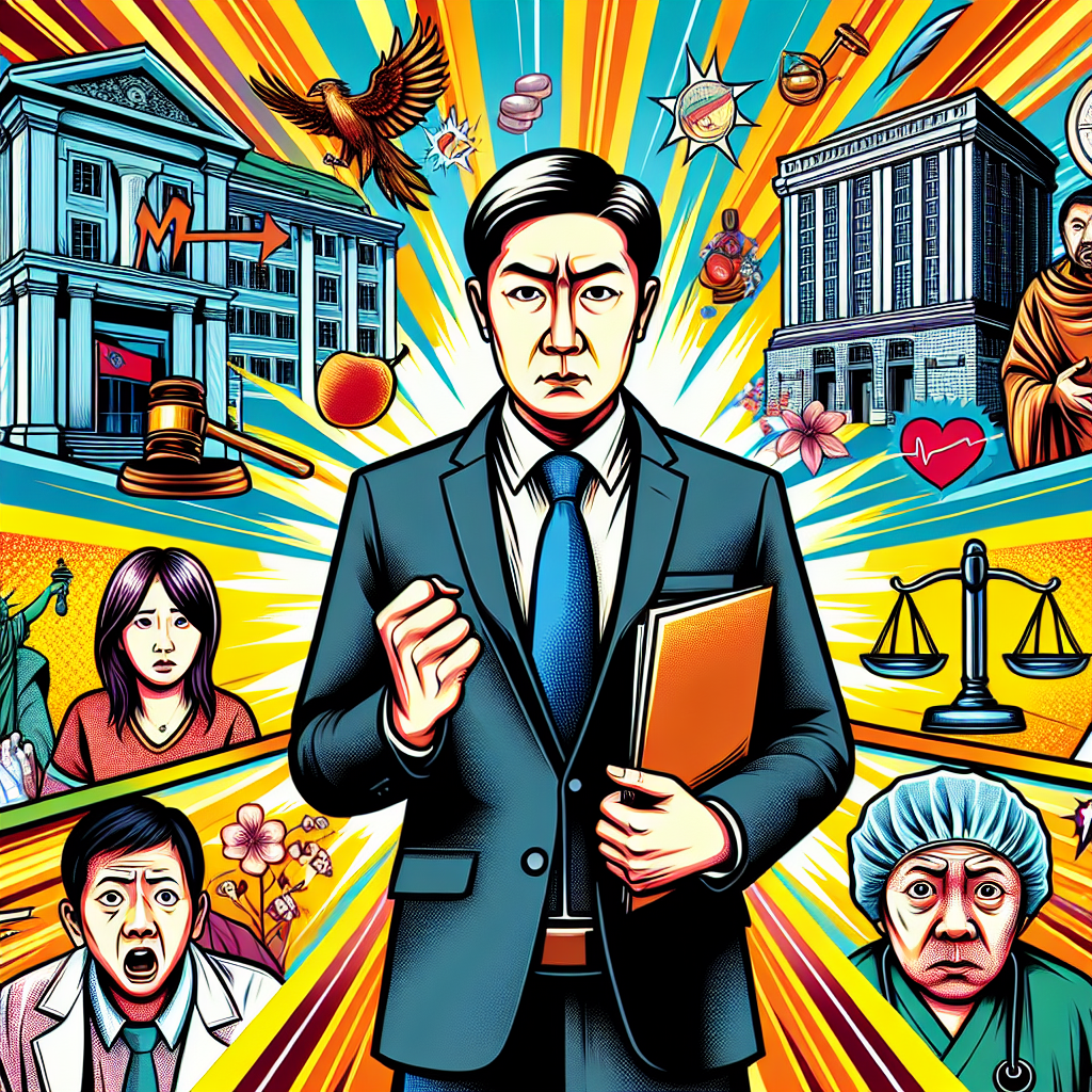 圖片描述:
一幅生動的漫畫風格插圖,展現醫療糾紛解決過程。中心是一位表情嚴肅的台灣民事律師,身穿深色西裝,手持法律文件。他站在醫院和法院建築之間,象徵著調解的橋樑角色。左側是一位憂心忡忡的病患,右側是一位神情緊張的醫生。背景有醫療符號和法律天平圖案,以鮮艷的橙色和藍色為主。整體畫面動感十足,突出了醫療糾紛解決的關鍵角色和場景。