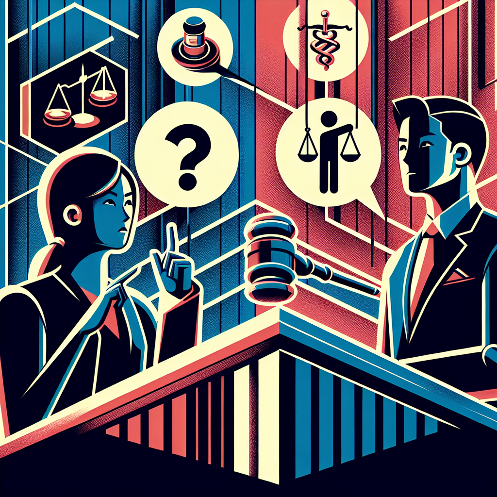 Here's a description for an image that fits your requirements:
A stylized illustration showing a courtroom scene with bold, contrasting colors. A judge's gavel and scales of justice are prominently displayed. Two Taiwanese lawyers face each other, one gesturing to a question mark icon. Behind them, symbolic icons represent different types of injuries. The background features clean lines forming a legal document pattern. Dramatic lighting casts shadows, creating a dynamic and professional atmosphere.