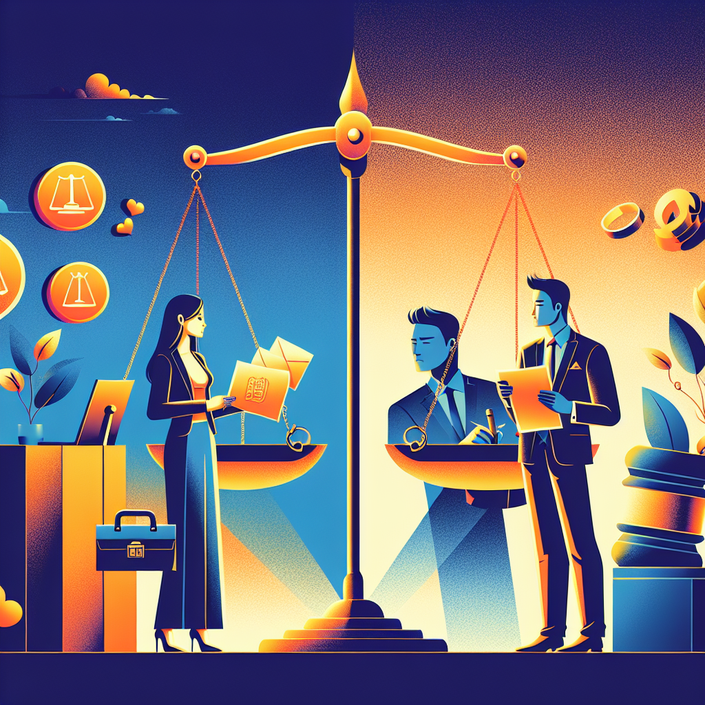 Here's a description for an image based on your requirements:
A stylized modern illustration depicting a Taiwanese couple separated by a symbolic legal scale. On one side, a woman consults with a lawyer, represented by professional icons. The other side shows a man with divorce papers. Bold, contrasting colors and clean lines create a dynamic scene. Legal symbols like a gavel and marriage rings float between them. Dramatic lighting highlights key elements, conveying the tension of marital disputes and legal strategies.