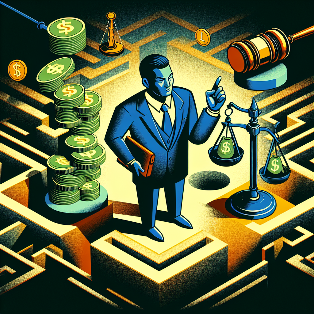 Here's a description for an image that fits your requirements:
A stylized illustration showing a Taiwanese lawyer in a suit, gesturing towards floating icons representing money laundering concepts. Bold, contrasting colors highlight a scales of justice, stacks of cash, and a gavel. Clean lines form a maze-like background, symbolizing complex legal pathways. Dramatic lighting casts shadows, creating a dynamic and professional atmosphere that visually engages viewers on the topic of money laundering laws and their application.