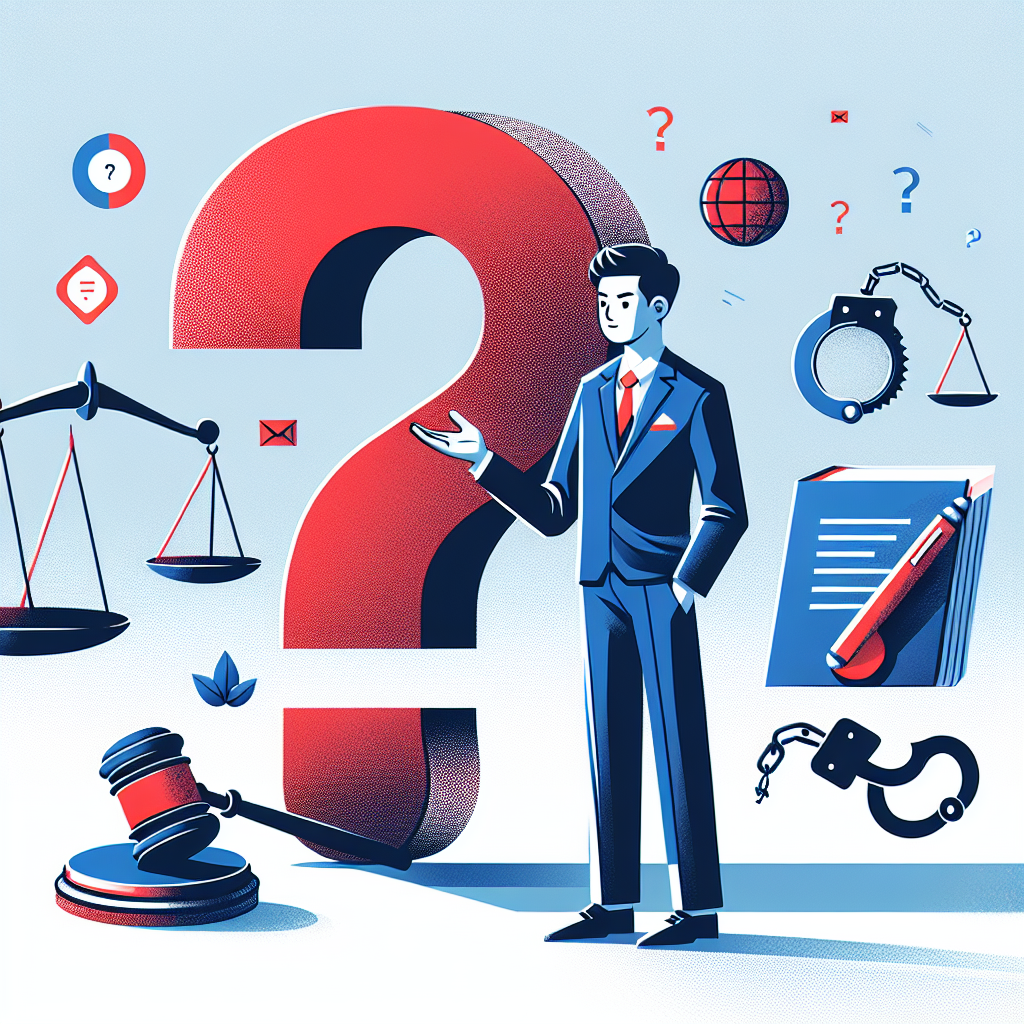 Here's a description for an image based on your requirements:
A stylized illustration depicting a legal consultation scene. A Taiwanese lawyer stands confidently, gesturing toward a large question mark. Symbolic icons of a gavel, scales of justice, and handcuffs float around. Bold red and blue colors contrast against a clean white background. Dramatic lighting casts shadows, creating depth. The overall composition is dynamic and visually engaging, conveying the theme of frequently asked questions about perjury and sentencing standards in a modern, professional style.